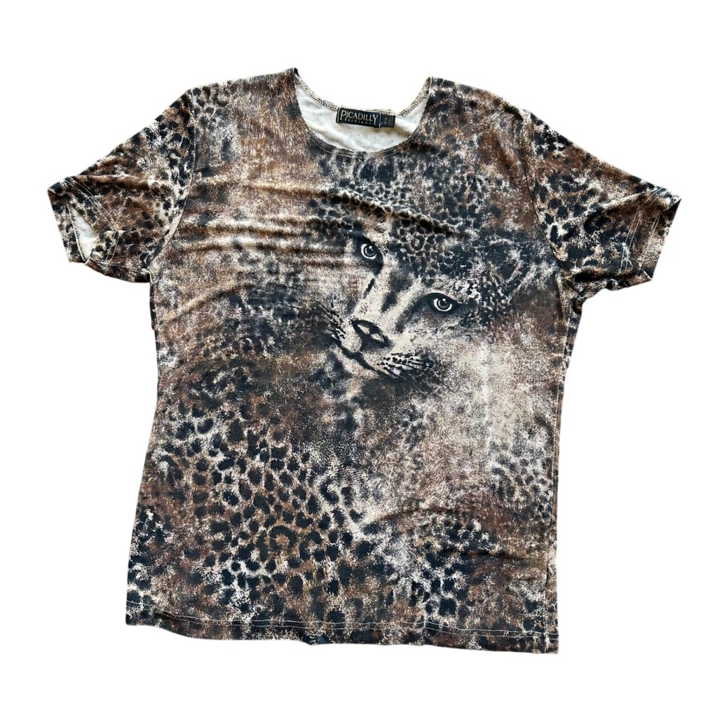 Picadilly  Leopard Big Cat Graphic Print Short Sleeve Top Brown Black M y2k